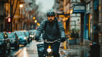 A portrait of a male bicycle delivery person in the city