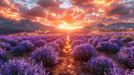 Golden sunset illuminating a vast lavender field in Provence, creating a vivid and aromatic...