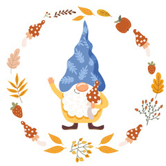 Illustration of a whimsical gnome with a mushroom. Vector artwork.