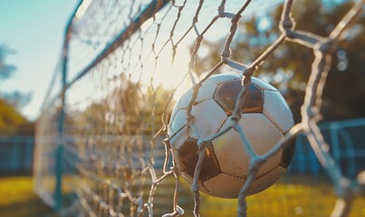 Soccer ball on goal with net background, football player shoot a leather foot ball for make a score