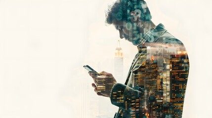 The double exposure image of the business man holding phone sunrise overlay with cityscape image. 