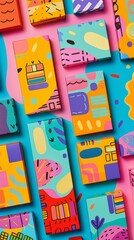 A vibrant display of colorful and graphic interesting capsule packaging on a bright, patterned background, emphasizing the vivid colors and modern design