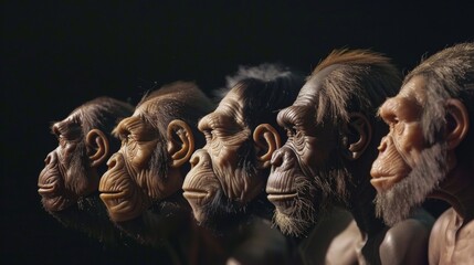 Human evolution. A study of the sequence of biological evolution of Homo sapiens. The face of a monkey, ape, ancient humans, modern humans,biology learning illustrations