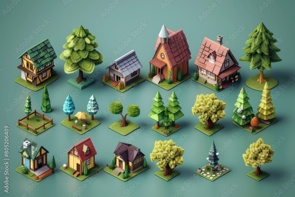 Poster low polygonal rendering of a set of houses and trees, suitable for architectural and environmental d
