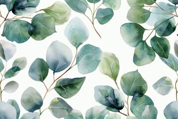 Eucalyptus Leaves, Detailed watercolor eucalyptus branches, Seamless pattern illustration 