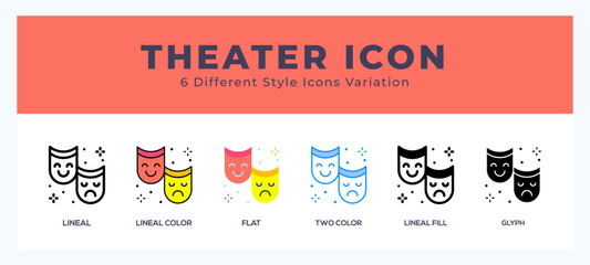 Theater icon set. outline. glyph black. flat color and filled line color - obrazy, fototapety, plakaty