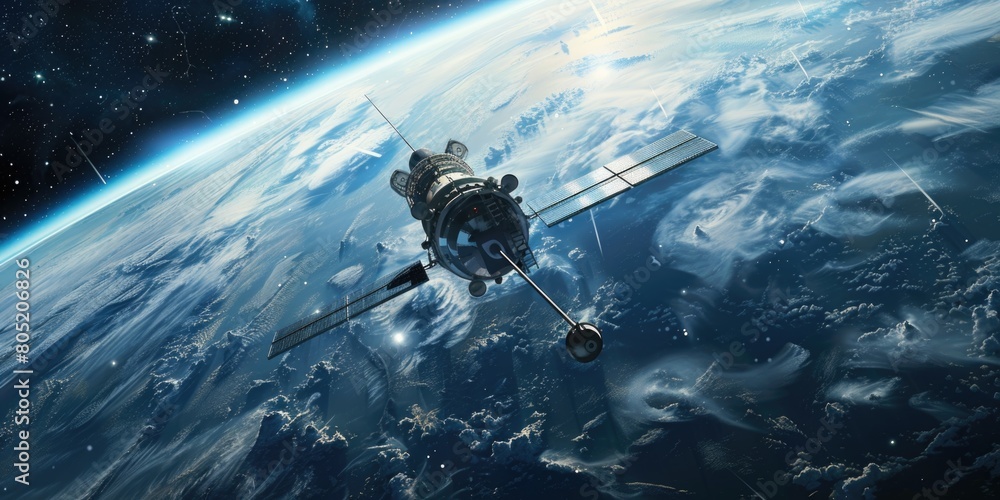 Poster futuristic space station floating in orbit, ideal for sci-fi concepts