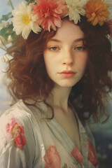 Naklejka premium Romantic style portrait of ethereal woman with blooming flowers crown.