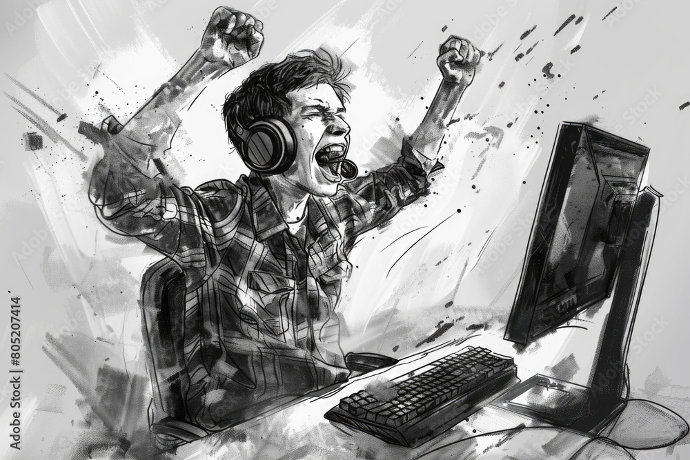 Aufkleber a man wearing headphones while using a computer. suitable for technology concepts