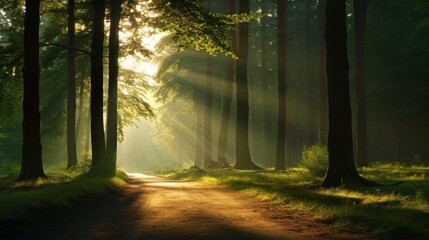 Obraz premium Magical summer scenery in a dreamy forest, with rays of sunlight beautifully illuminating the wafts of mist and painting stunning colors into the trees. High quality photo