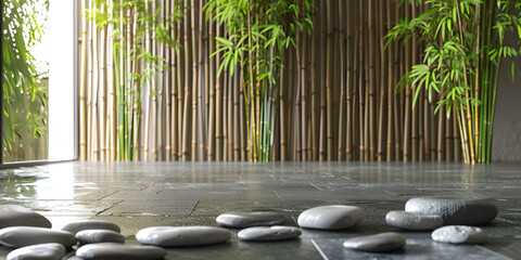 A zen garden with a bamboo forest in the background