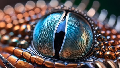 Exquisite macro of an insect's eye in metallic blue and copper, showcasing iridescent textures and a precise, alien beauty