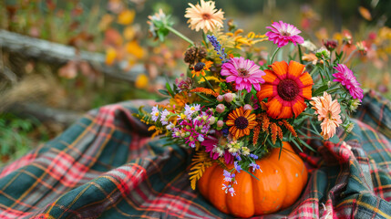 Beautiful bouquet of autumn flowers in pumpkin 