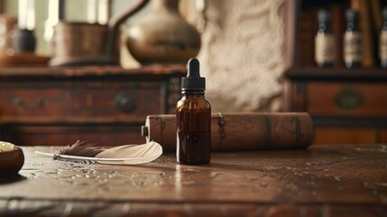 A scholarly scene with an antiquestyle small glass bottle for essential oils on an old desk, next to an open inkwell and feather quill, suggesting ancient wisdom