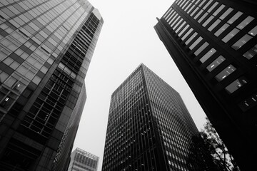 A striking black and white image of towering city buildings. Perfect for architectural and urban design projects - Powered by Adobe