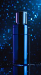 A personaluse small spray atomizer with a metallic finish, set against a hightech, glossy black background with blue light accents