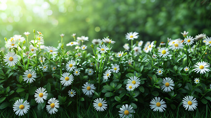 Beautiful chamomile flowers with green grass in garden