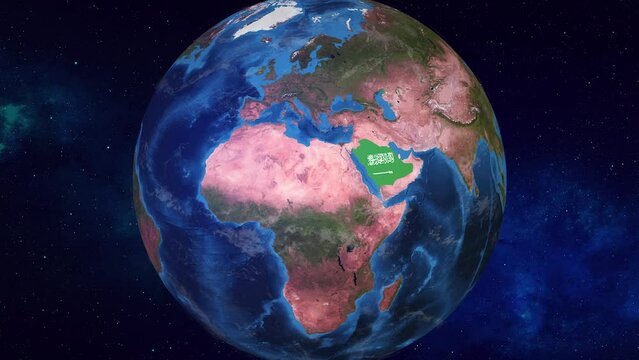Saudi Arabia: 4K Animation of  Earth Zooming  into Saudi Arabia with its borders highlighted with its Flag