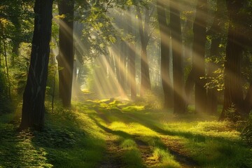 Magical summer scenery in a dreamy forest, with rays of sunlight beautifully illuminating the wafts of mist and painting stunning colors into the trees. High quality photo