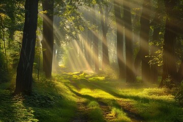 Obraz premium Magical summer scenery in a dreamy forest, with rays of sunlight beautifully illuminating the wafts of mist and painting stunning colors into the trees. High quality photo
