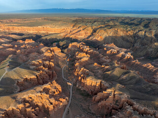 View from a quadcopter of the Valley of Castles of the Charyn Canyon in the Almaty region...