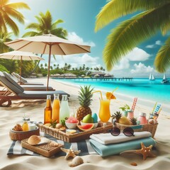 Tropical beach with sunbathing accessories- summer holiday background