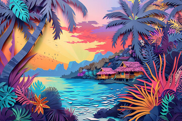 Fijis lush landscapes and traditional bure huts reimagined as a vibrant paper cut art piece Oceanias paradise captured  - obrazy, fototapety, plakaty