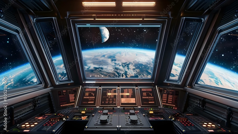 Poster explore new planet through spaceship window control room discovery in space. concept outer space exp