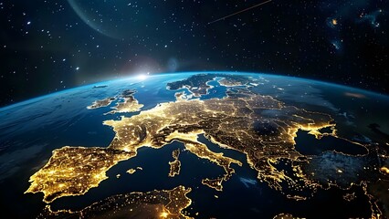 View of European city lights from space on Earths surface at night. Concept Space view, European city lights, Earth's surface, Night lights, Cityscape, Urban landscape