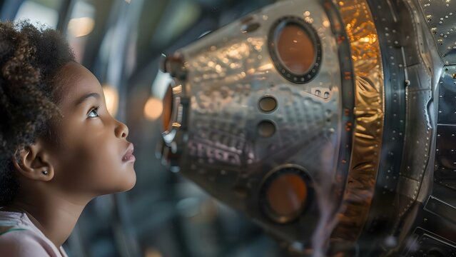 African American child looks at spacecraft on field trip to history museum. Concept History Museum, African American Child, Field Trip, Spacecraft, Educational Experience