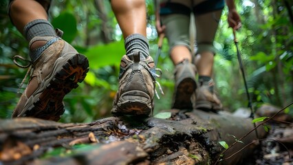 Asian couple trekking in the jungle, focused on climbing over a log while wearing trekking shoes. Concept Adventure, Nature, Trekking, Couple, Outdoor Activities - Powered by Adobe