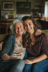 grandmother and granddaughter share a tender moment of togetherness, women with shining smiles and eyes full of affection, they sit next to each other on a cozy sofa, enveloped in family love