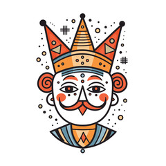 Colorful circus clown face vector illustration isolated white background. Festive clown red nose striped pointed hat decorated polka dots triangles. Geometric style head decorative elements cheerful