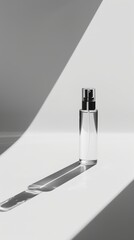A minimalist scene with a personaluse small spray atomizer standing upright on a plain white background, casting a long shadow