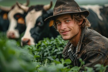 Fototapeta premium Confident young farmhand smiling at the camera with dairy cows in rural farmland