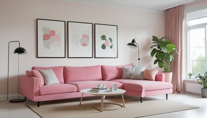 Scandinavian living room with pink sofa on empty white wall background