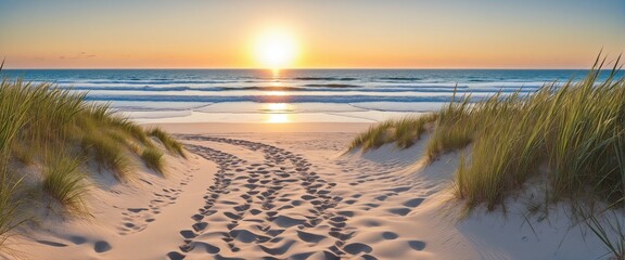 Path on the sand going to the ocean in the Beach  at sunrise or sunset, beautiful nature landscape