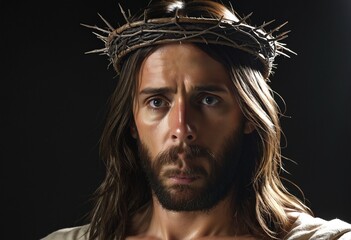 Jesus Christ with crown of thorns on his head and dark background