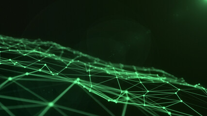 Green plexus spinning space particle form, futuristic neon graphic Background, 3D technology shape background