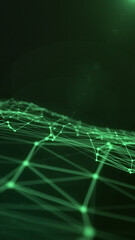 Portrait green plexus spinning space particle form, futuristic neon graphic Background, 3D technology shape background