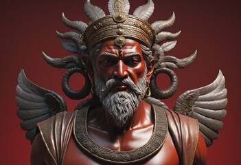 Sculpture of a mythological man or god on a red background