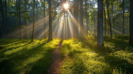 Magical summer scenery in a dreamy forest, with rays of sunlight beautifully illuminating the wafts of mist and painting stunning colors into the trees. High quality photo