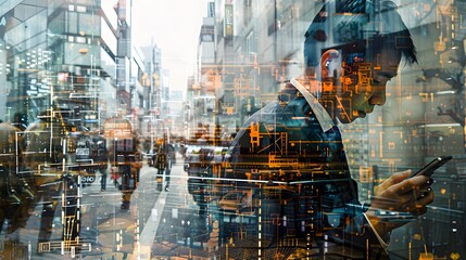 The double exposure image of the business man holding phone sunrise overlay with cityscape image. 