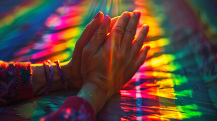 Rainbow light spectrum on hands in prayer pose. Close-up of a person's hands folded together with a vibrant rainbow spectrum cast across them in a peaceful setting.
