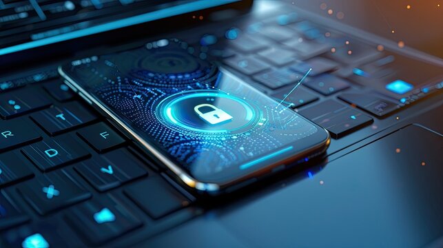 A closeup of an open laptop with the screen displaying code and a security shield icon, alongside a smartphone lying on top with its display showing blue lights symbolizing online data protection.