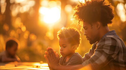 Sunset prayers, father's guidance. Father teaches his son about the importance of gratitude and mindfulness.