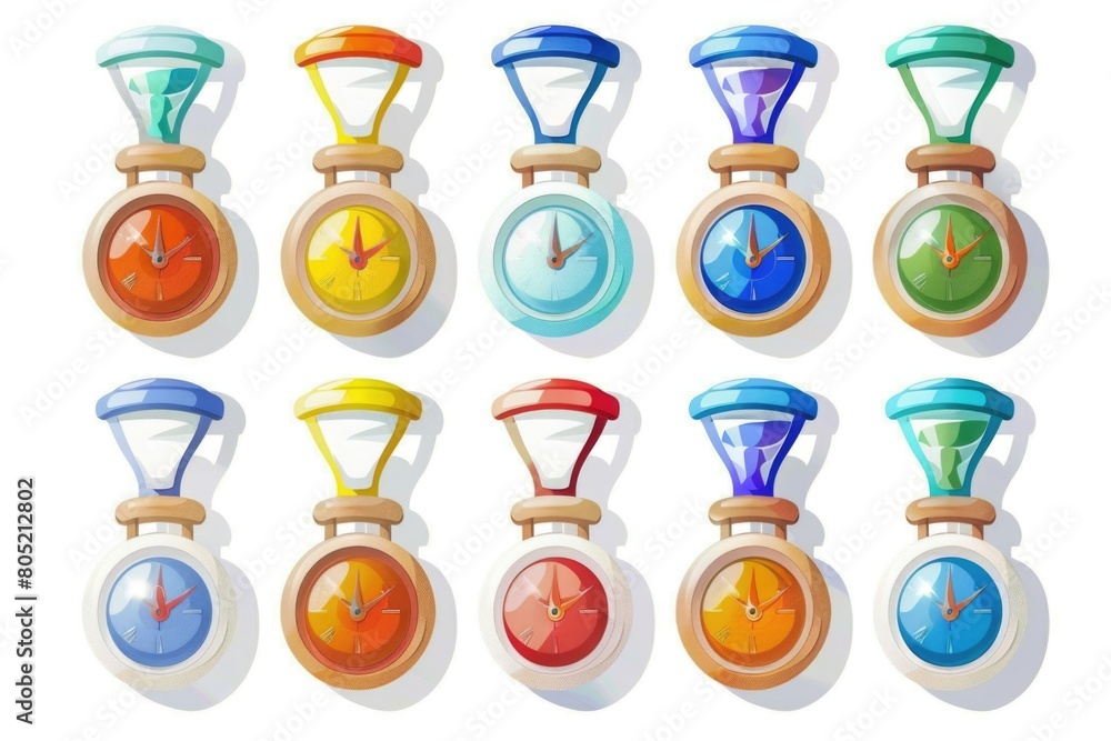 Poster various colored clocks on a simple white backdrop. perfect for time management concepts
