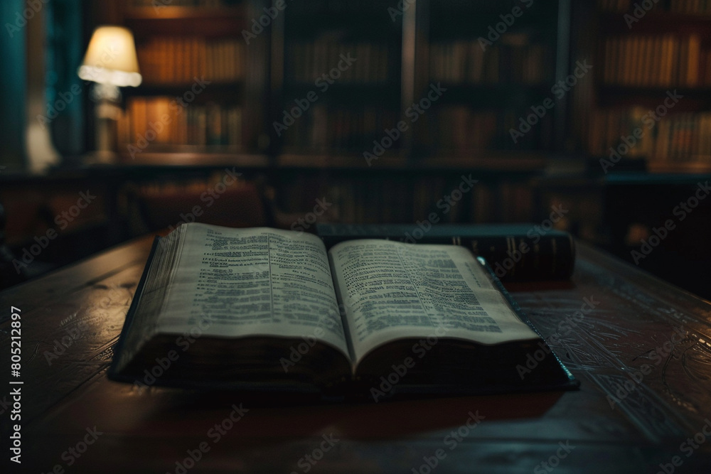 Poster focused light on an open book in a dim library close-up on a moment of study and solitude