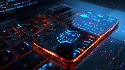 Obraz premium A closeup of an open laptop with the screen displaying code and a security shield icon, alongside a smartphone lying on top with its display showing blue lights symbolizing online data protection.