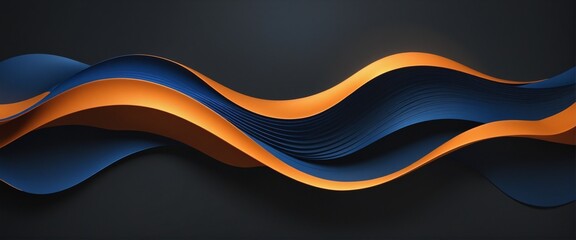 Dark widescreen beautiful background with 3D wavy dark blue and orange abstraction